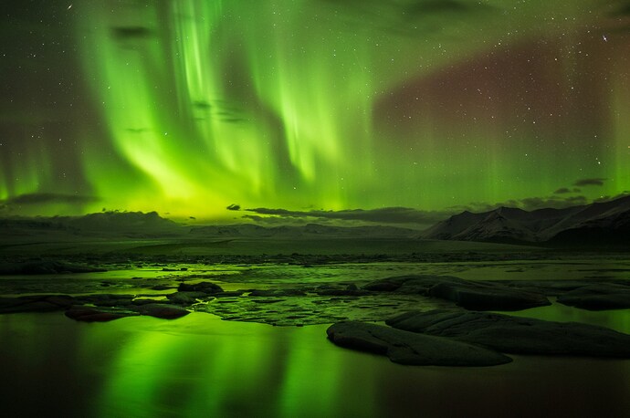 The aurora of Iceland over Jökulsárlón lagoon